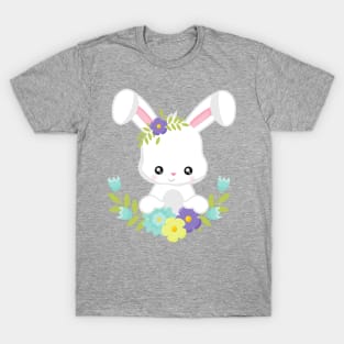 Easter, Cute Bunny, White Bunny, Rabbit, Flowers T-Shirt